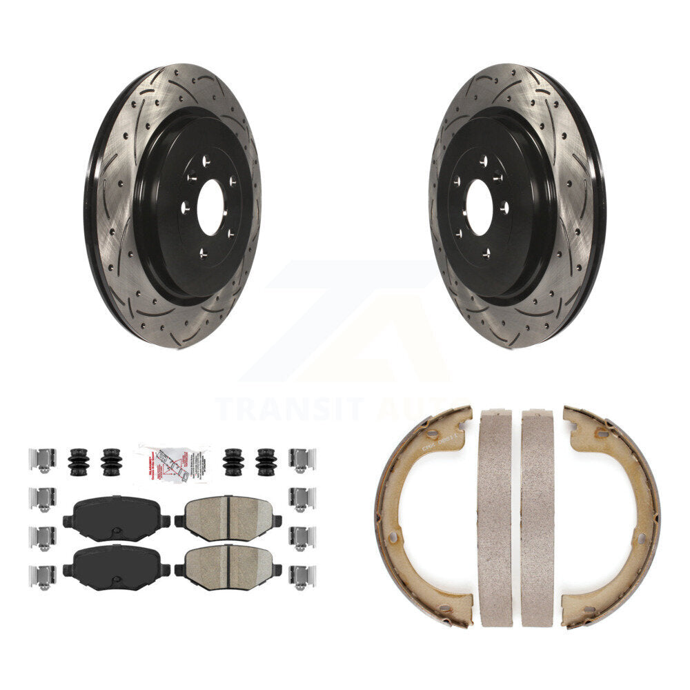 Rear Disc Drilled & Slotted Rotors Ceramic Pads Parking Brake Shoes Kit For Lincoln MKT KDA-103329