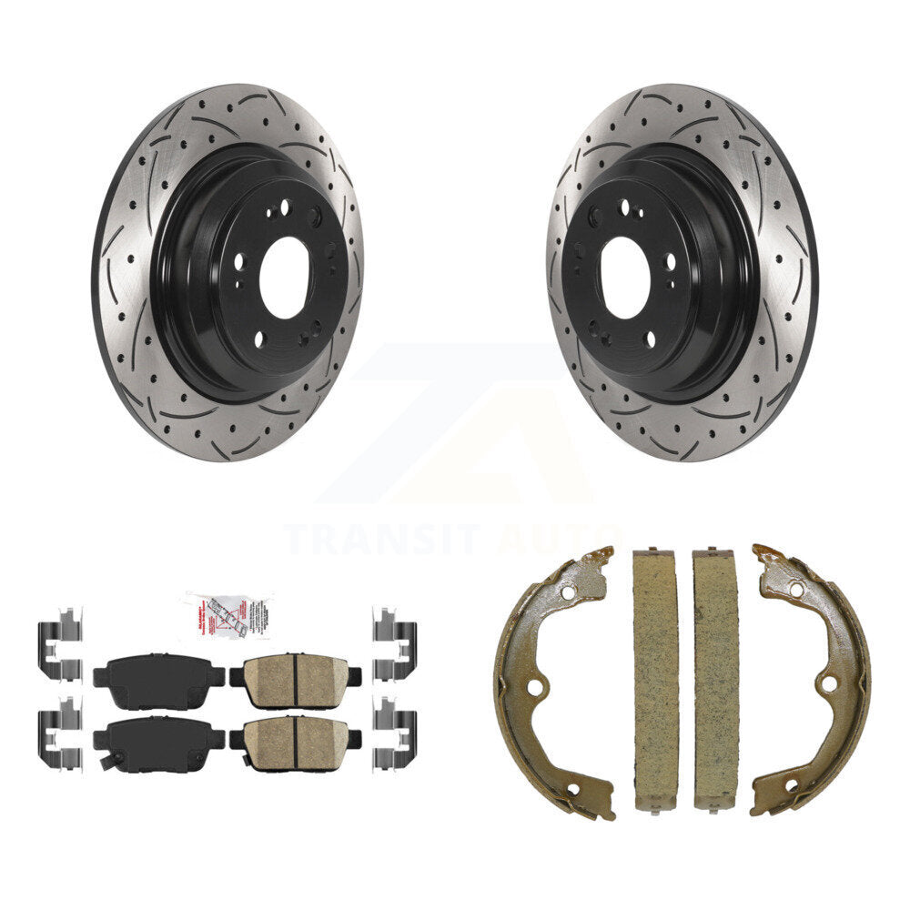 Rear Disc Drilled & Slotted Rotors Ceramic Pads Parking Shoes Kit For 2009-2014 Acura TL KDA-103335