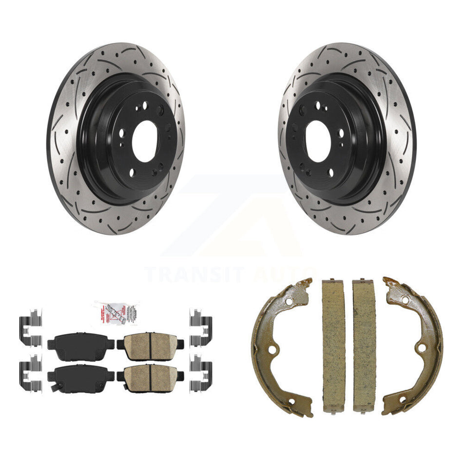 Rear Disc Drilled & Slotted Rotors Ceramic Pads Parking Shoes Kit For 2009-2014 Acura TL KDA-103335