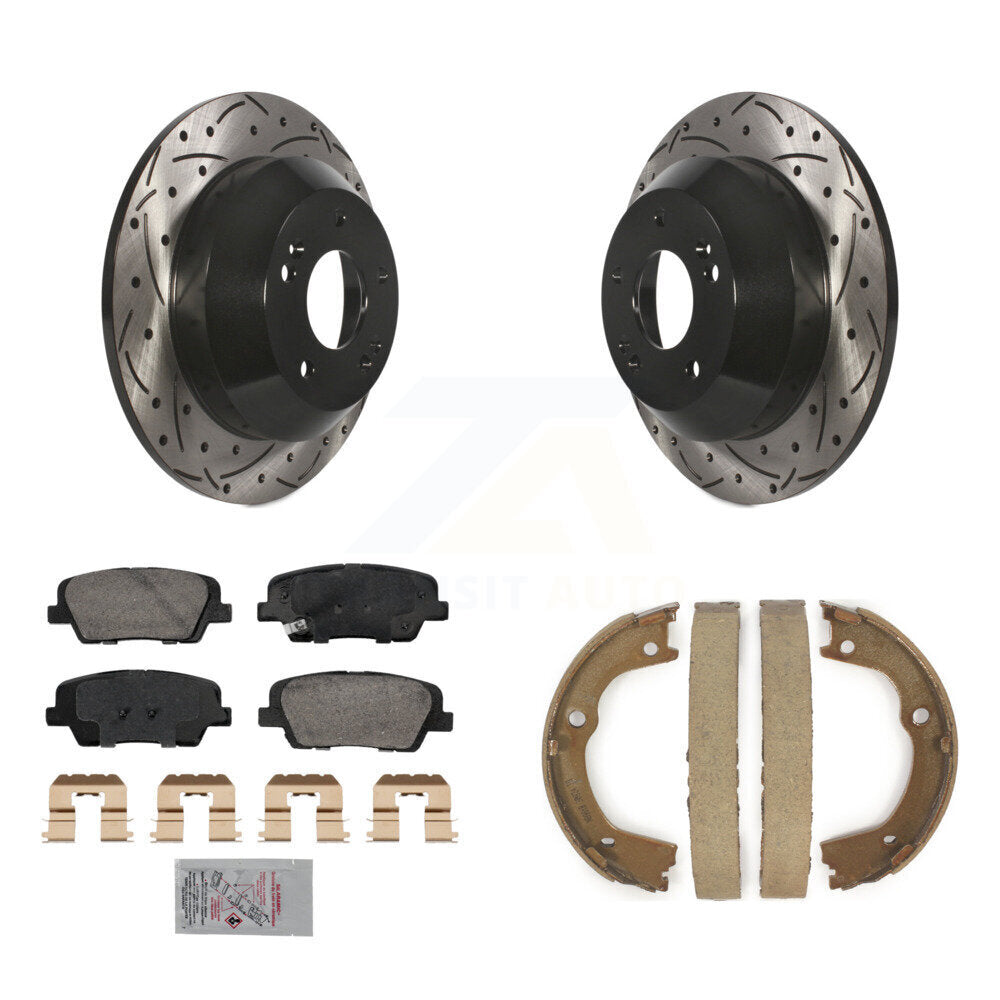 Rear Disc Drilled & Slotted Rotors Ceramic Pads Parking Shoes Kit For Hyundai Santa Fe KDA-103340