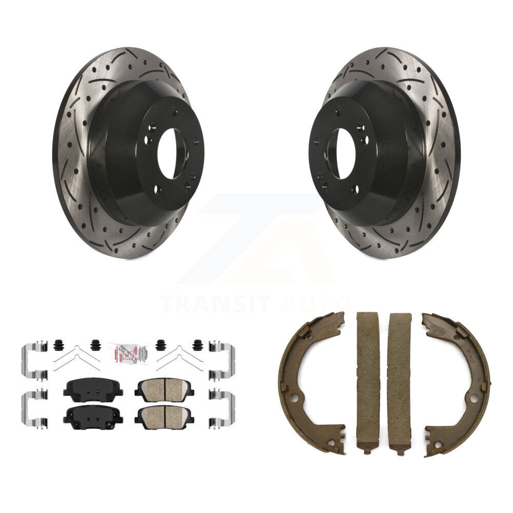 Rear Disc Drilled & Slotted Rotors Ceramic Pads Parking Shoes Kit For Hyundai Santa Fe XL KDA-103344