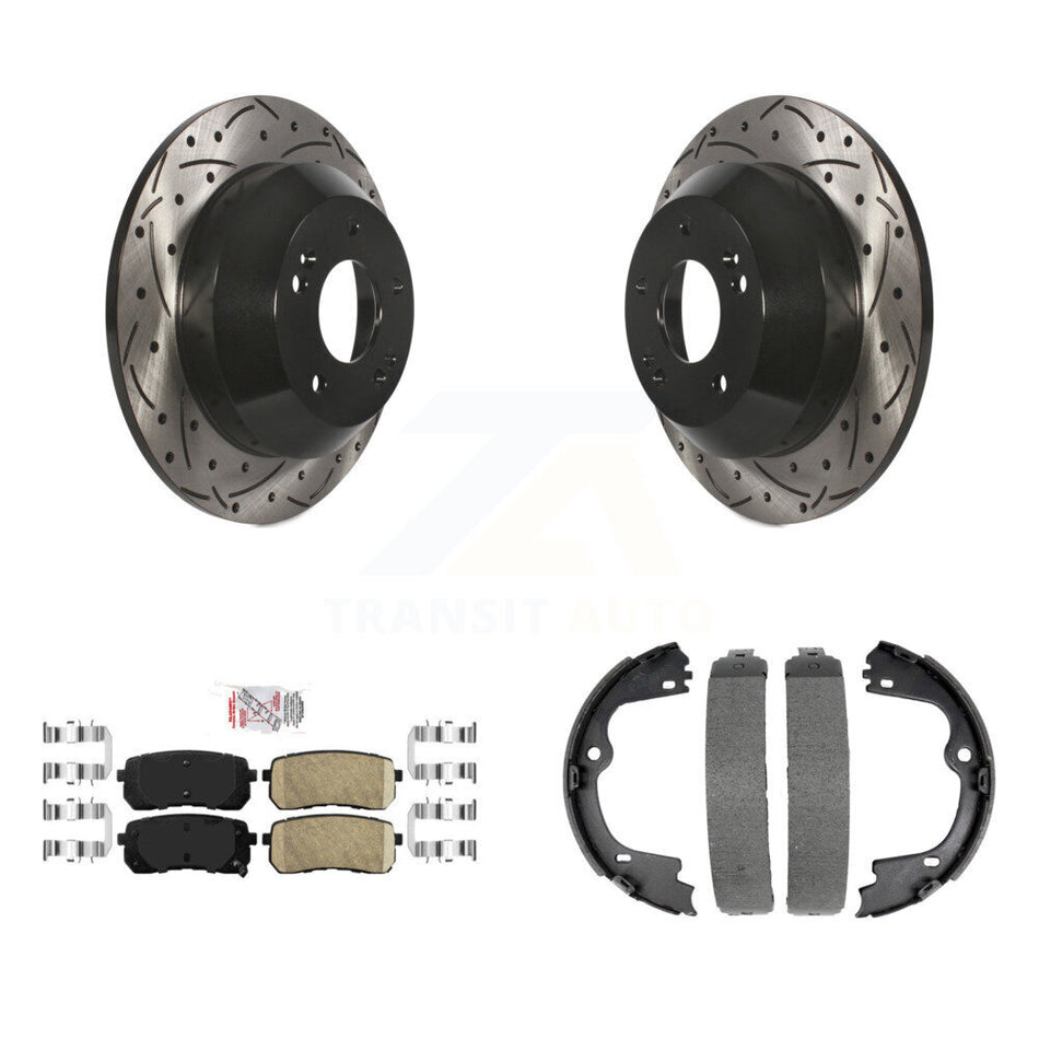 Rear Disc Drilled & Slotted Rotors Ceramic Pads Parking Brake Shoes Kit For Kia Sedona KDA-103345