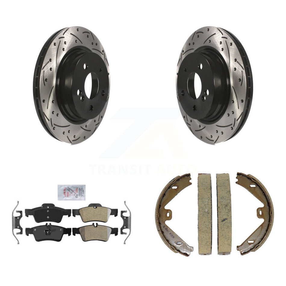 Rear Disc Drilled & Slotted Rotors Semi-Metallic Pads And Parking Brake Shoes Kit For KDA-103347