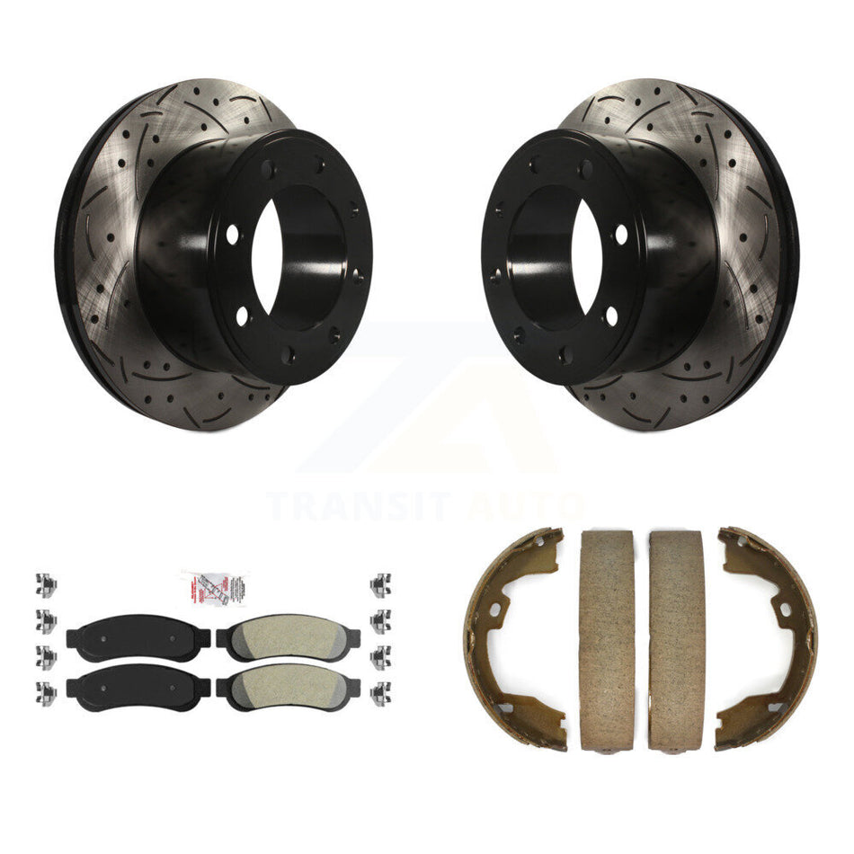 Rear Disc Drilled & Slotted Rotors Semi-Metallic Pads Parking Shoes Kit For Ford F-350 KDA-103349