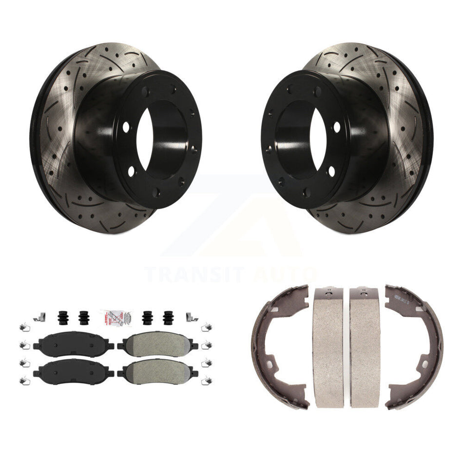 Rear Disc Drilled & Slotted Rotors Semi-Metallic Pads Parking Shoes Kit For Ford F-350 KDA-103351