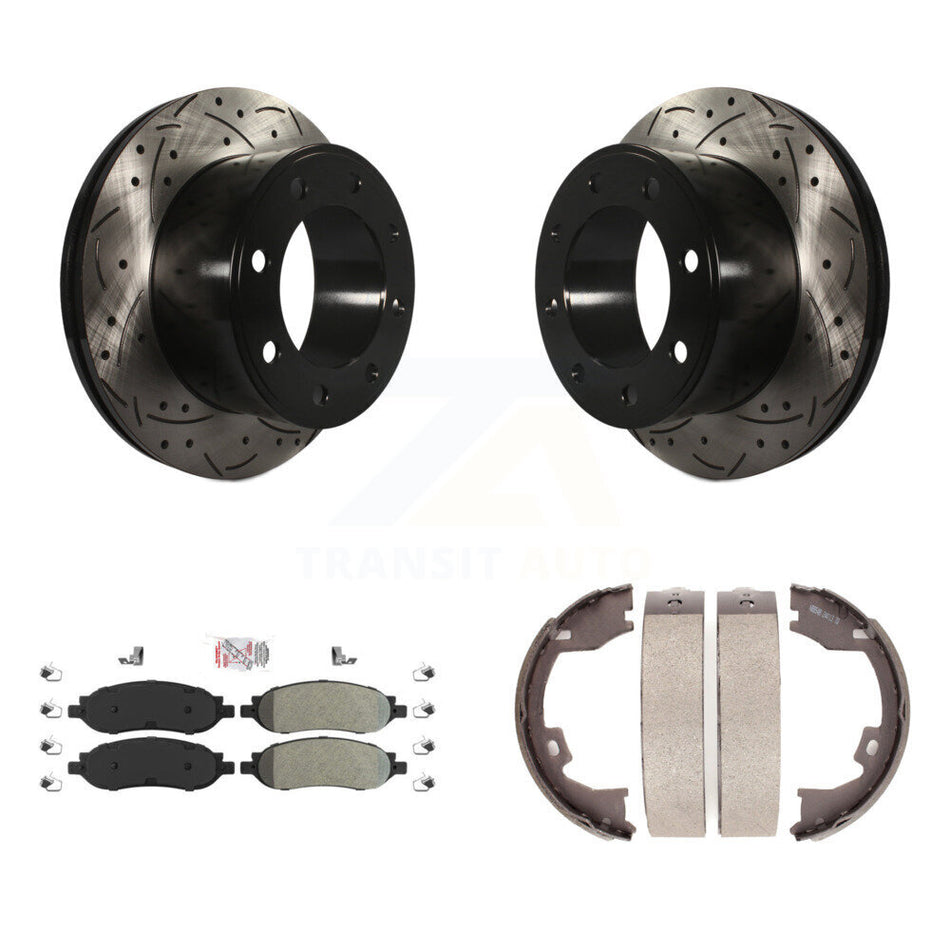 Rear Disc Drilled & Slotted Rotors Semi-Metallic Pads Parking Shoes Kit For Ford F-350 KDA-103352
