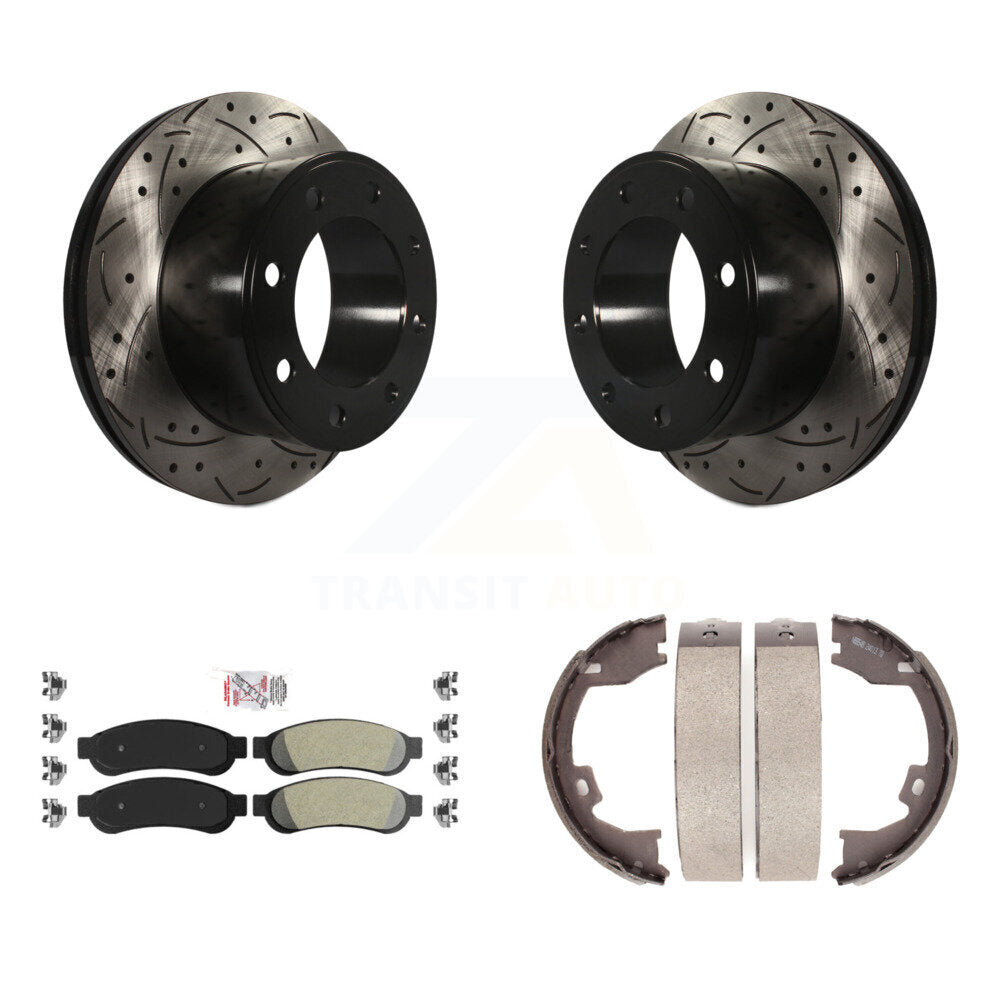 Rear Disc Drilled & Slotted Rotors Semi-Metallic Pads Parking Shoes Kit For Ford F-250 KDA-103353