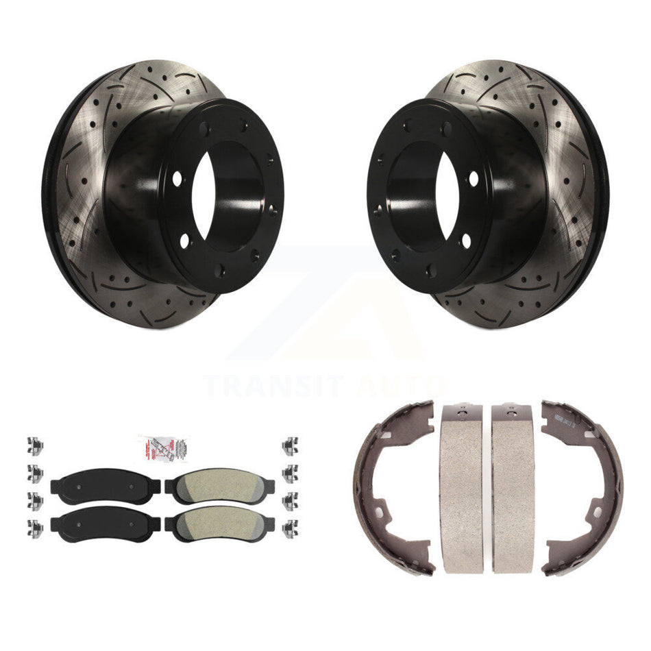 Rear Disc Drilled & Slotted Rotors Semi-Metallic Pads Parking Shoes Kit For Ford F-250 KDA-103353