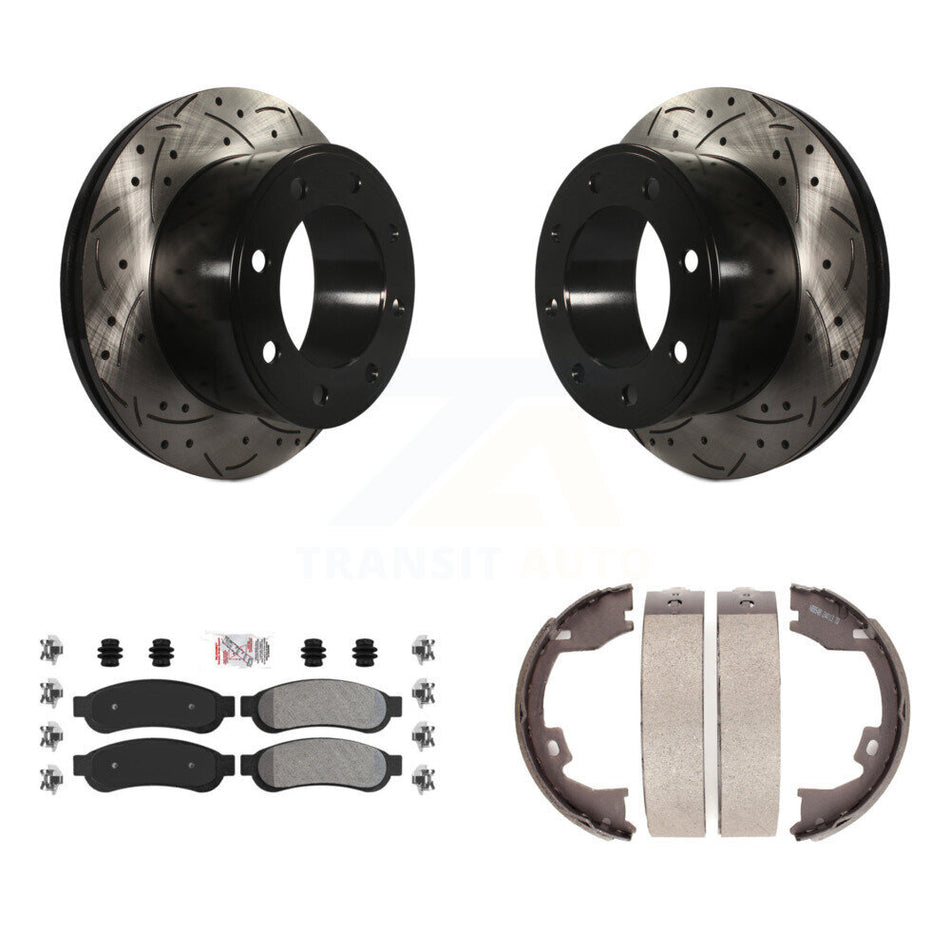 Rear Disc Drilled & Slotted Rotors Semi-Metallic Pads Parking Shoes Kit For Ford F-250 KDA-103354