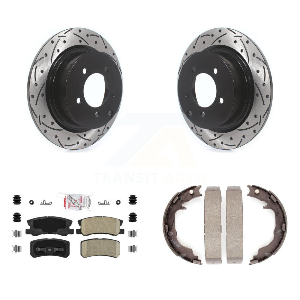 Rear Disc Drilled & Slotted Rotors Ceramic Pads Parking Shoes Kit For Jeep Mitsubishi 200 KDA-103358