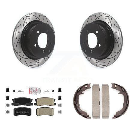Rear Disc Drilled & Slotted Rotors Ceramic Pads Parking Shoes Kit For Jeep Mitsubishi 200 KDA-103358