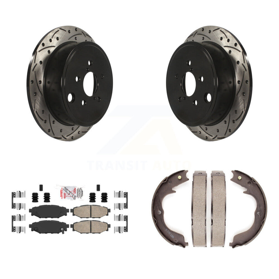 Rear Disc Drilled & Slotted Rotors Ceramic Pads And Parking Shoes Kit For Subaru Impreza KDA-103366