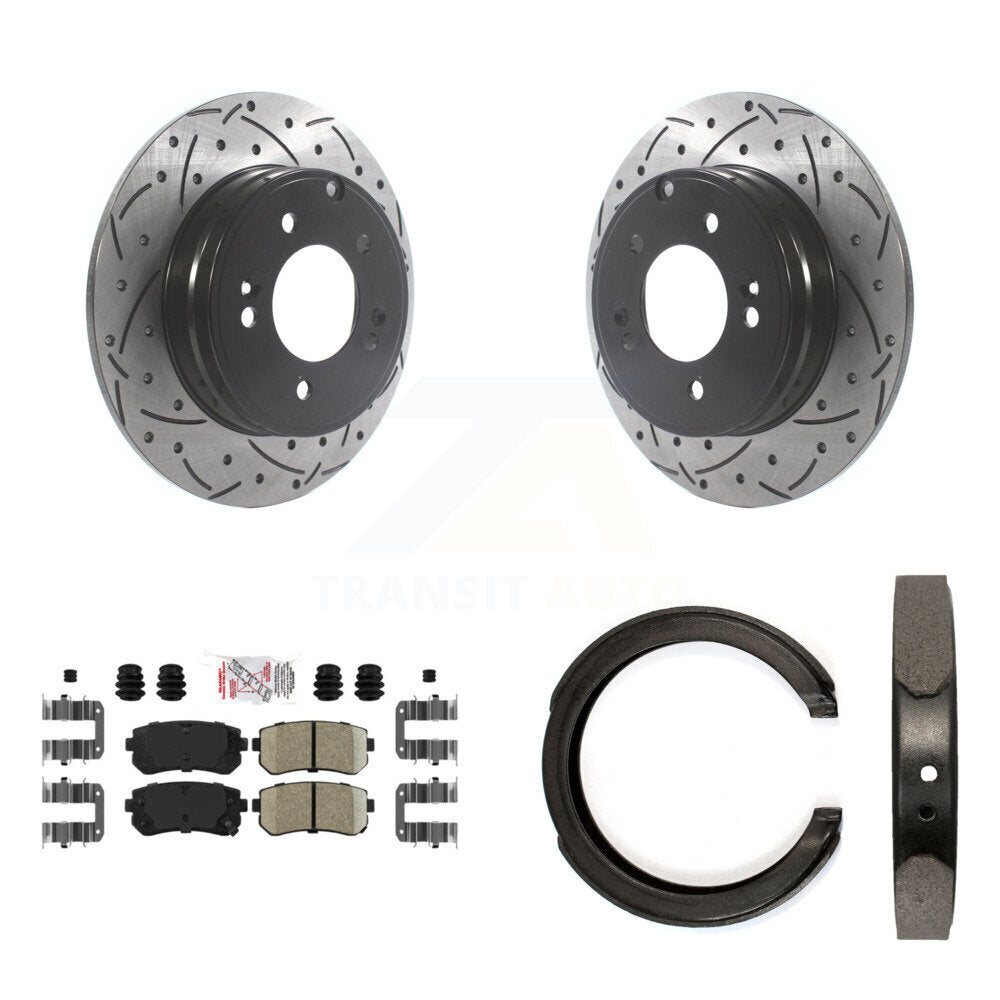 Rear Disc Drilled & Slotted Rotors Ceramic Pads Parking Shoes Kit For Hyundai Tucson Kia KDA-103369