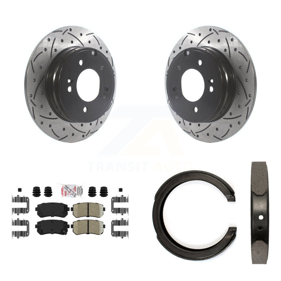 Rear Disc Drilled & Slotted Rotors Ceramic Pads Parking Shoes Kit For Hyundai Tucson Kia KDA-103369