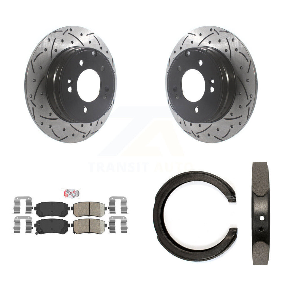 Rear Disc Drilled & Slotted Rotors Ceramic Pads Parking Shoes Kit For Hyundai Tucson Kia KDA-103370