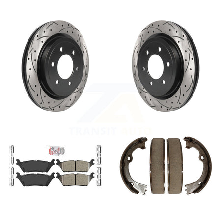 Rear Disc Drilled & Slotted Rotors Ceramic Pads Parking Brake Shoes Kit For Ford F-150 KDA-103371