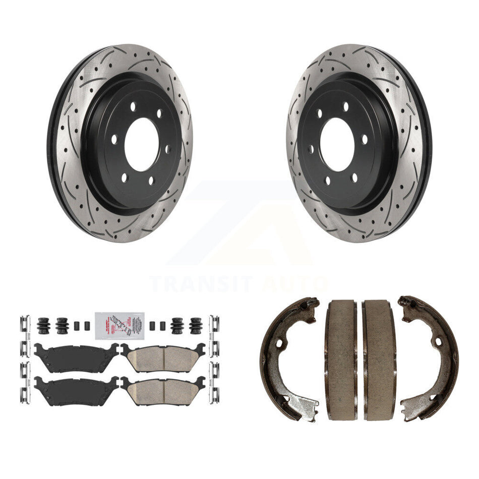 Rear Disc Drilled & Slotted Rotors Ceramic Pads Parking Brake Shoes Kit For Ford F-150 KDA-103372