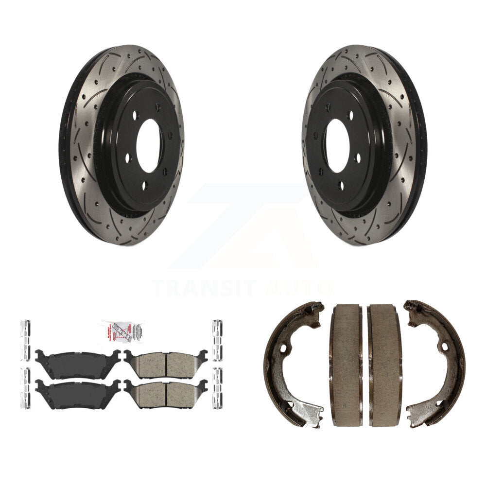 Rear Disc Drilled & Slotted Rotors Ceramic Pads Parking Brake Shoes Kit For Ford F-150 KDA-103375
