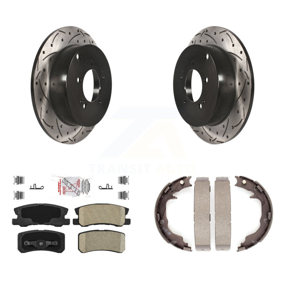 Rear Disc Drilled & Slotted Rotors Ceramic Pads And Parking Brake Shoes Kit For KDA-103380