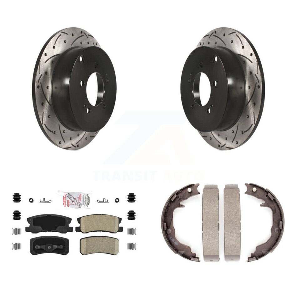 Rear Disc Drilled & Slotted Rotors Ceramic Pads And Parking Brake Shoes Kit For KDA-103381
