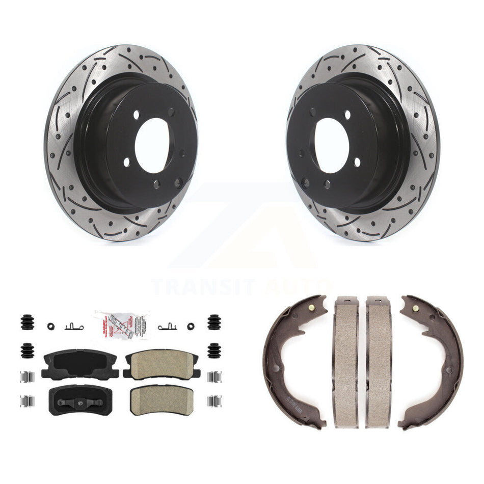 Rear Disc Drilled & Slotted Rotors Ceramic Pads And Parking Brake Shoes Kit For KDA-103383