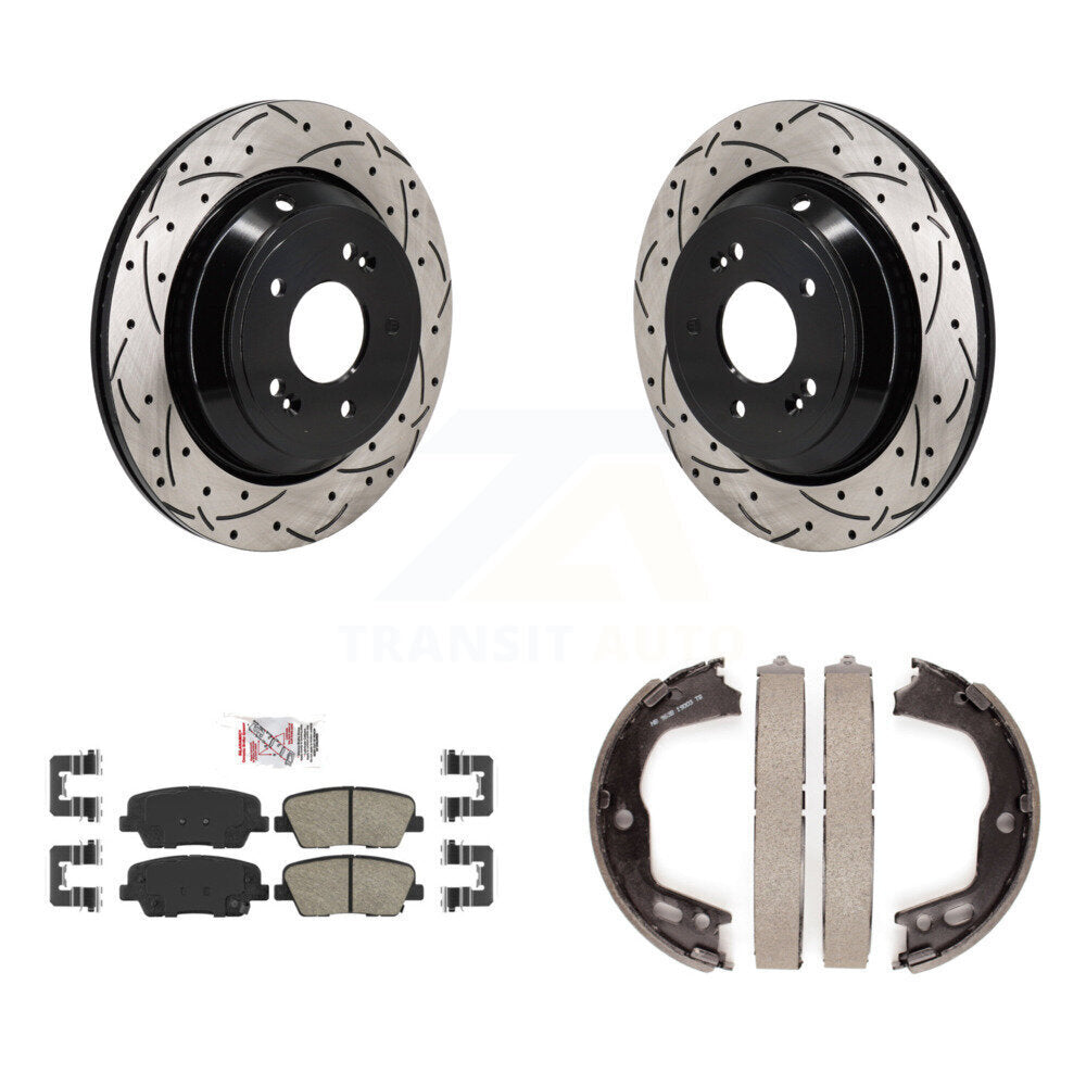 Rear Disc Drilled & Slotted Rotors Ceramic Pads Parking Shoes Kit For 11-13 Hyundai Equus KDA-103386
