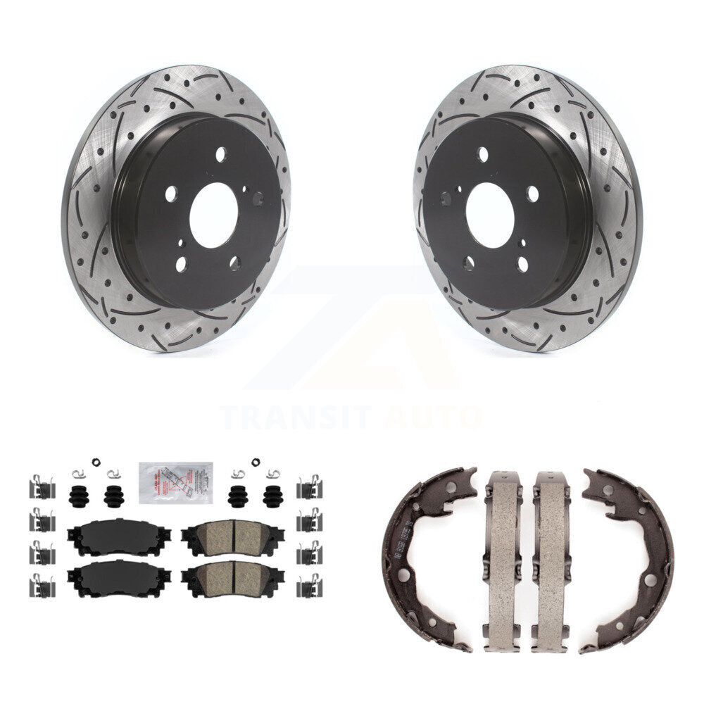 Rear Disc Drilled & Slotted Rotors Ceramic Pads Parking Shoes Kit For Toyota Camry RAV4 KDA-103390