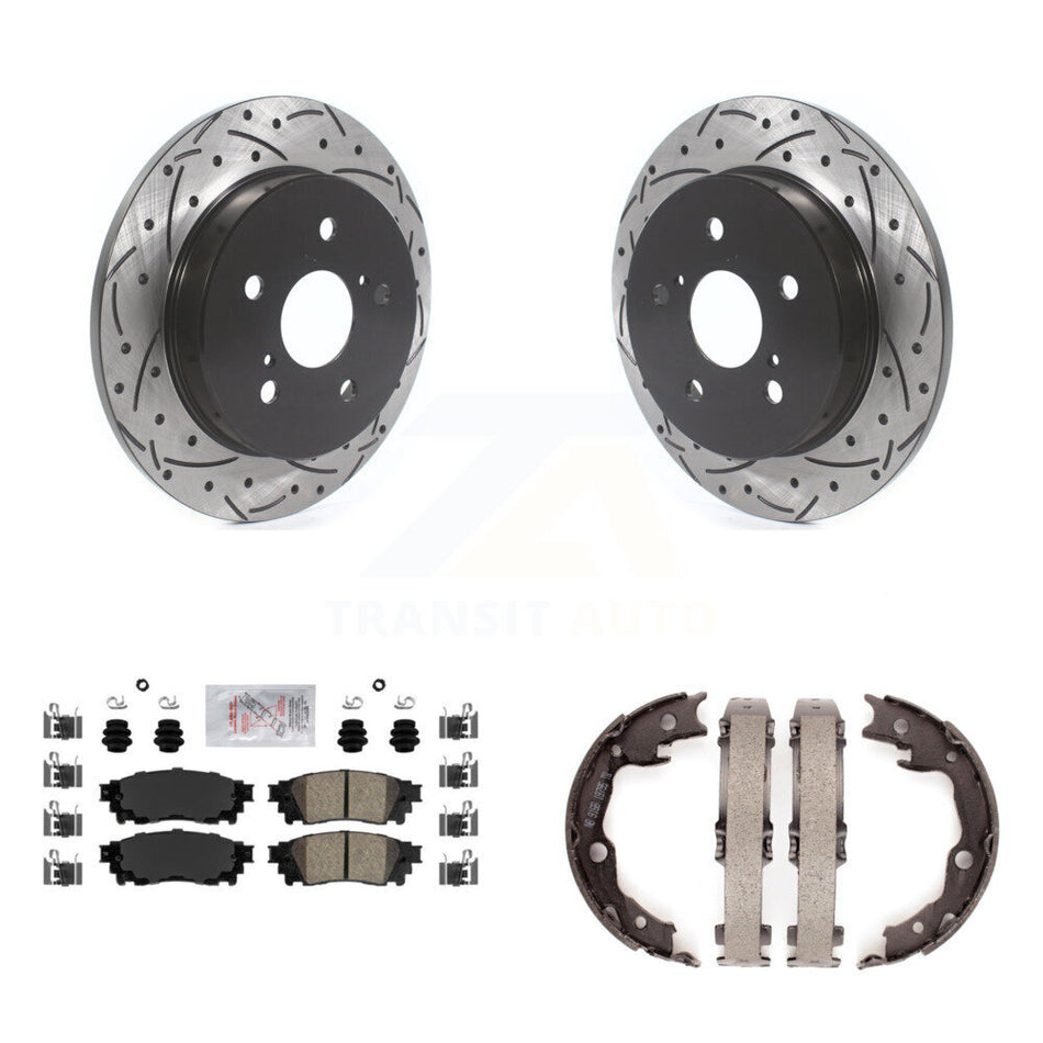 Rear Disc Drilled & Slotted Rotors Ceramic Pads Parking Shoes Kit For Toyota Camry RAV4 KDA-103390