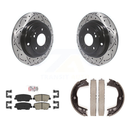 Rear Disc Drilled & Slotted Rotors Ceramic Pads And Parking Brake Shoes Kit For KDA-103392
