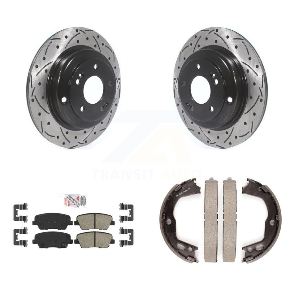 Rear Disc Drilled & Slotted Rotors Ceramic Pads And Parking Brake Shoes Kit For KDA-103392