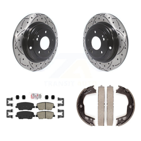 Rear Disc Drilled & Slotted Rotors Ceramic Pads And Parking Brake Shoes Kit For KDA-103393