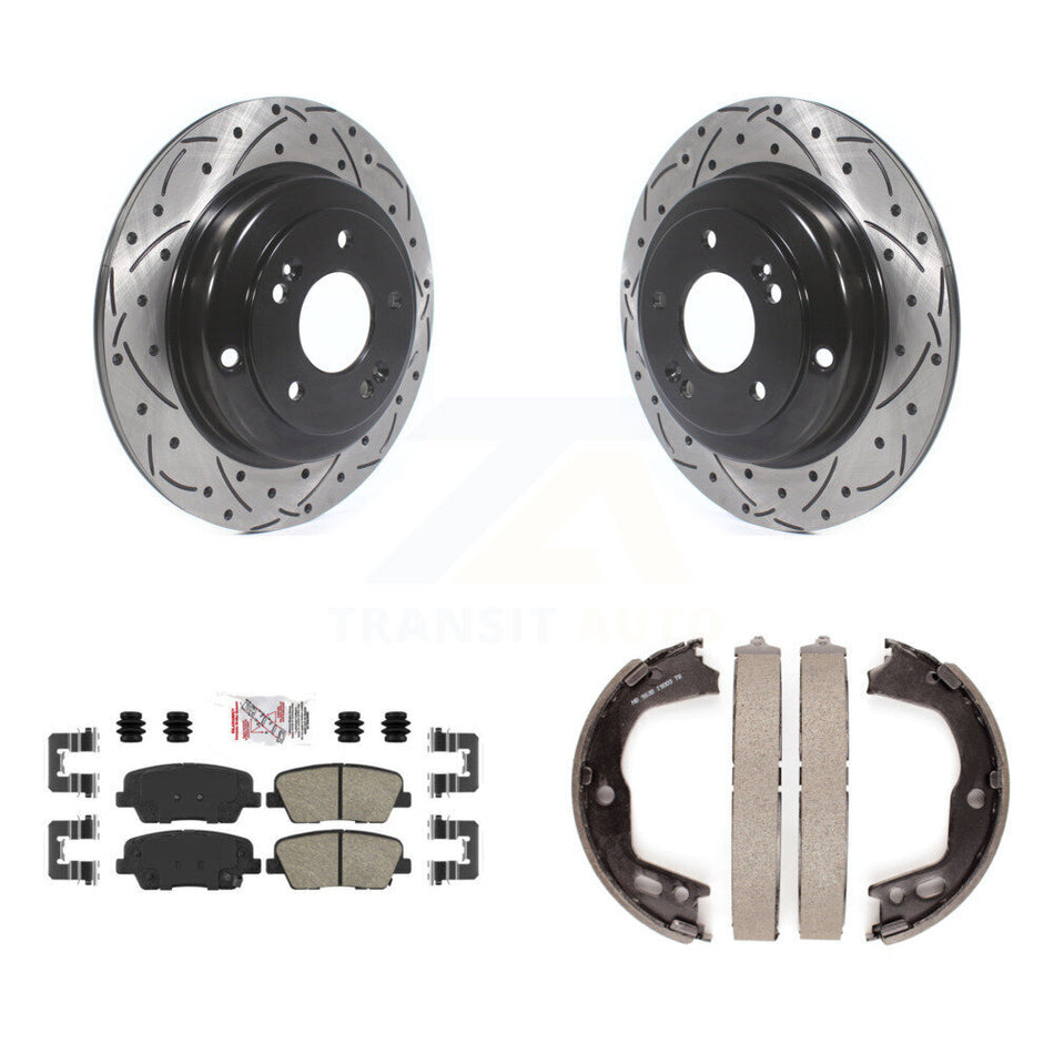 Rear Disc Drilled & Slotted Rotors Ceramic Pads And Parking Brake Shoes Kit For KDA-103393