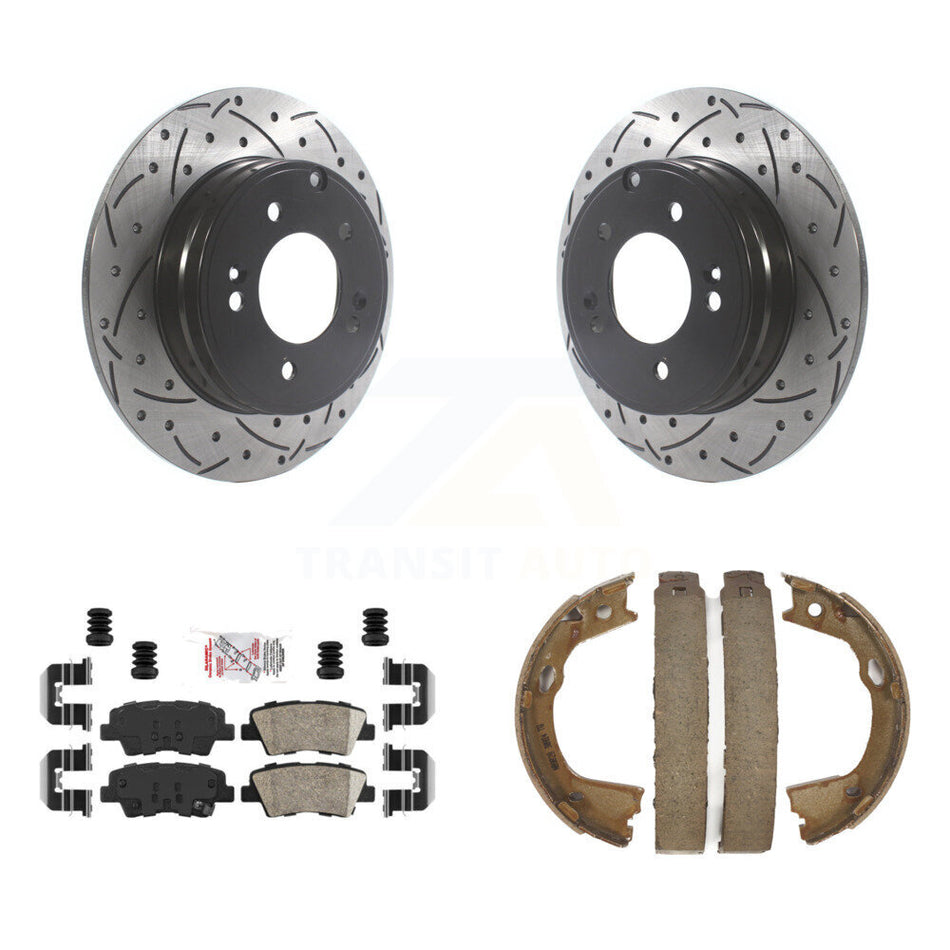 Rear Disc Drilled & Slotted Rotors Ceramic Pads Parking Shoes Kit For Hyundai Sonata Kia KDA-103394