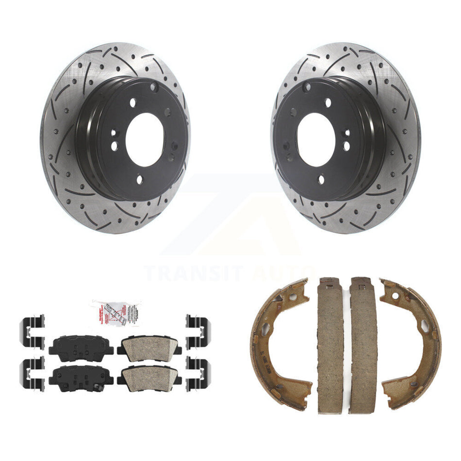 Rear Disc Drilled & Slotted Rotors Ceramic Pads Parking Shoes Kit For Hyundai Sonata Kia KDA-103395