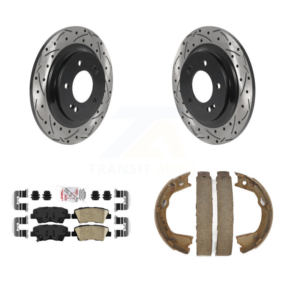 Rear Disc Drilled & Slotted Rotors Ceramic Pads Parking Brake Shoes Kit For Kia Optima KDA-103397