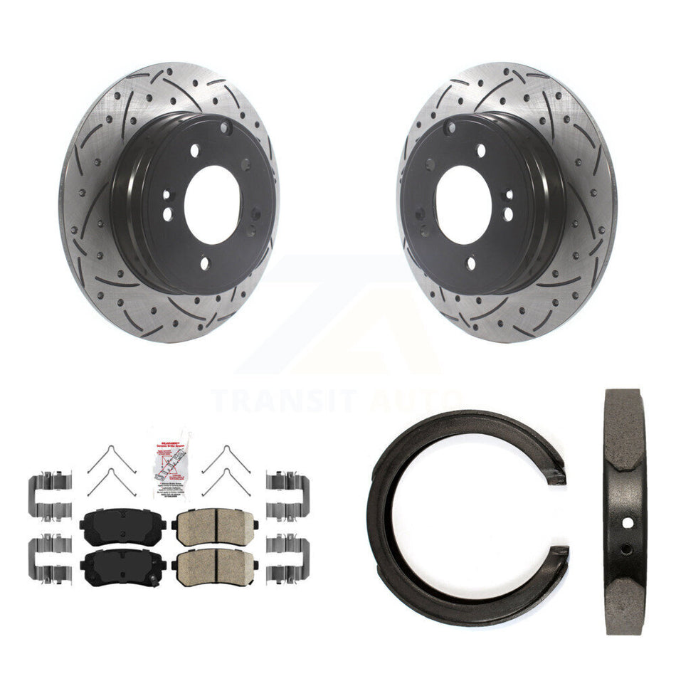 Rear Disc Drilled & Slotted Rotors Ceramic Pads Parking Brake Shoes Kit For Kia Optima KDA-103400