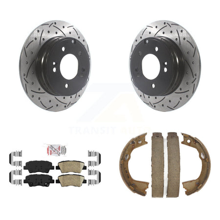 Rear Disc Drilled & Slotted Rotors Ceramic Pads Parking Brake Shoes Kit For Kia Optima KDA-103401
