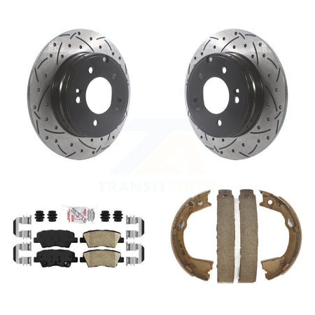 Rear Disc Drilled & Slotted Rotors Ceramic Pads Parking Brake Shoes Kit For Kia Optima KDA-103402