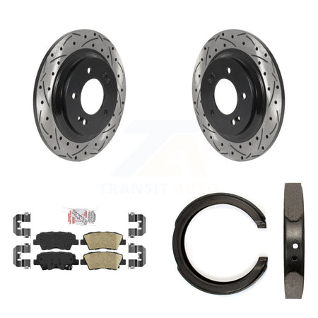 Rear Disc Drilled & Slotted Rotors Ceramic Pads Parking Brake Shoes Kit For Kia Optima KDA-103403