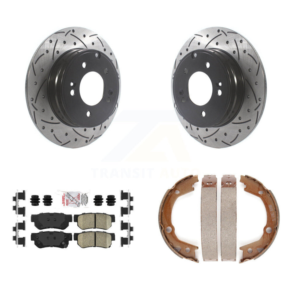 Rear Disc Drilled & Slotted Rotors Ceramic Pads Parking Shoes Kit For Hyundai Sonata 3.3L KDA-103405