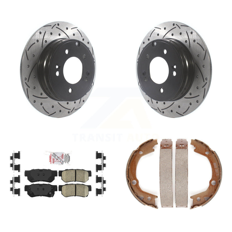 Rear Disc Drilled & Slotted Rotors Ceramic Pads Parking Shoes Kit For Hyundai Sonata 3.3L KDA-103406