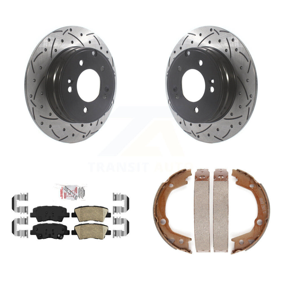 Rear Disc Drilled & Slotted Rotors Ceramic Pads Parking Shoes Kit For Hyundai Sonata 3.3L KDA-103407