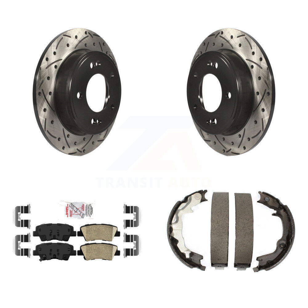 Rear Disc Drilled & Slotted Rotors Ceramic Pads Parking Shoes Kit For 2014 Kia Forte Koup KDA-103409