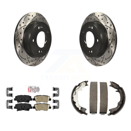 Rear Disc Drilled & Slotted Rotors Ceramic Pads Parking Shoes Kit For 2014 Kia Forte Koup KDA-103409