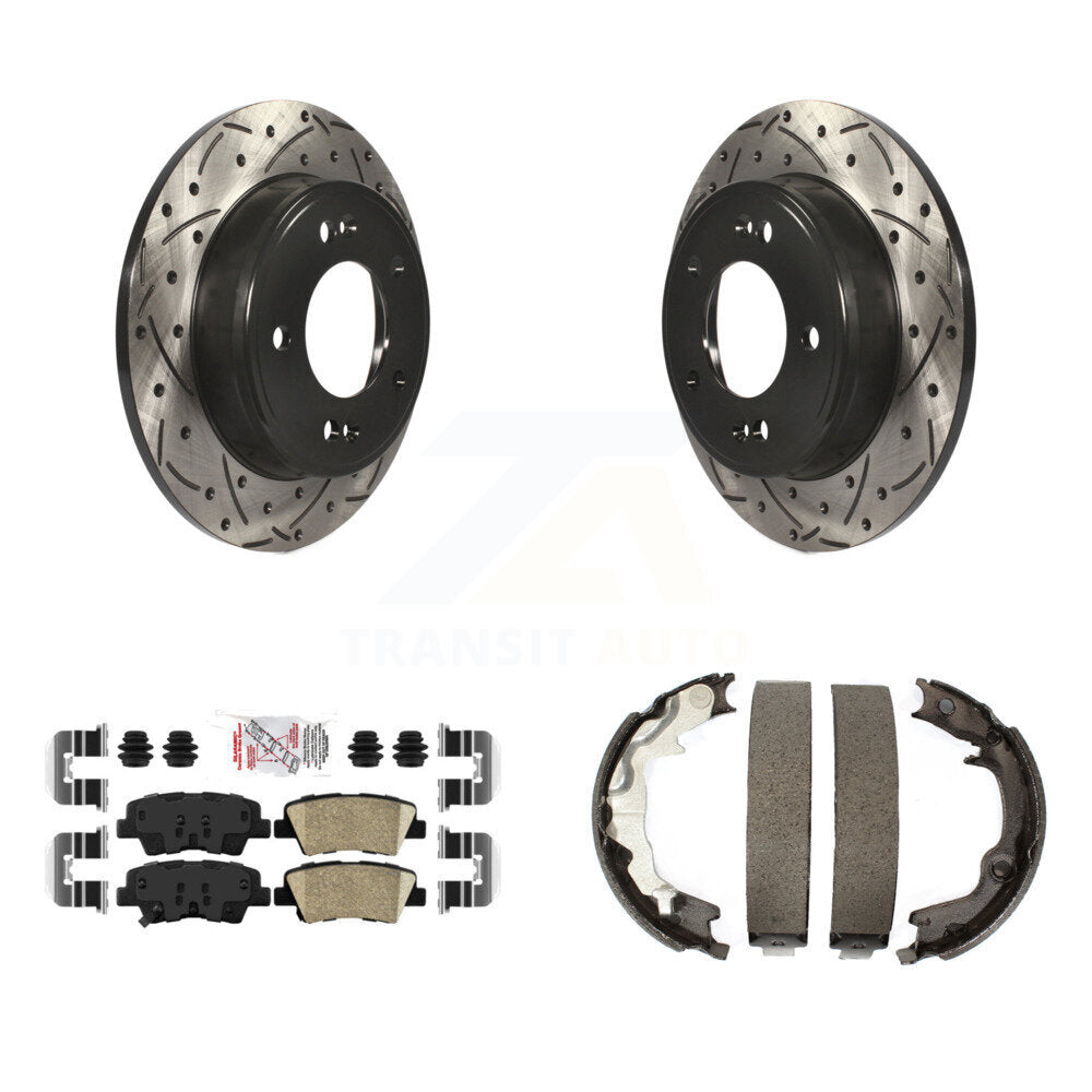 Rear Disc Drilled & Slotted Rotors Ceramic Pads Parking Shoes Kit For 2014 Kia Forte Koup KDA-103410