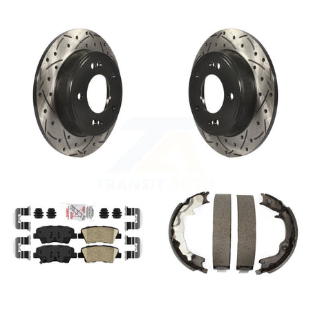 Rear Disc Drilled & Slotted Rotors Ceramic Pads Parking Shoes Kit For 2014 Kia Forte Koup KDA-103410