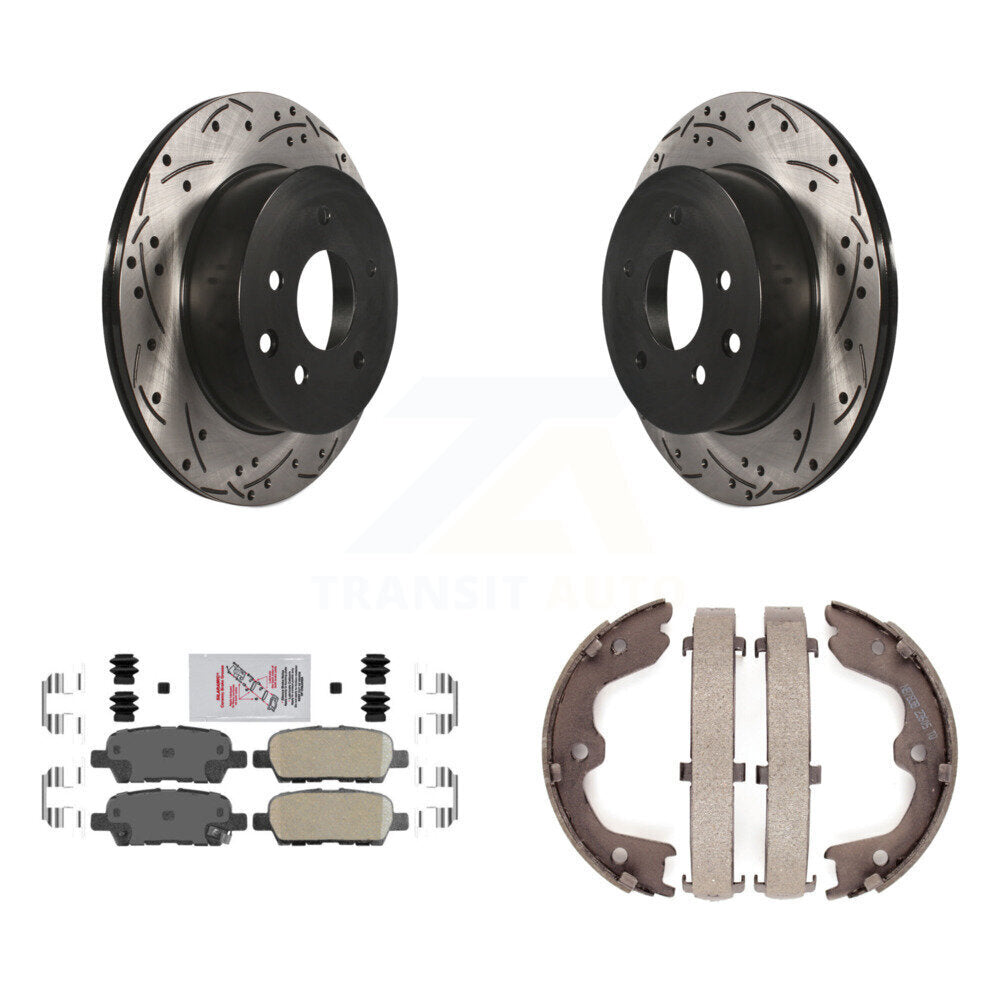 Rear Disc Drilled & Slotted Rotors Ceramic Pads Parking Shoes Kit For INFINITI G35 Nissan KDA-103418