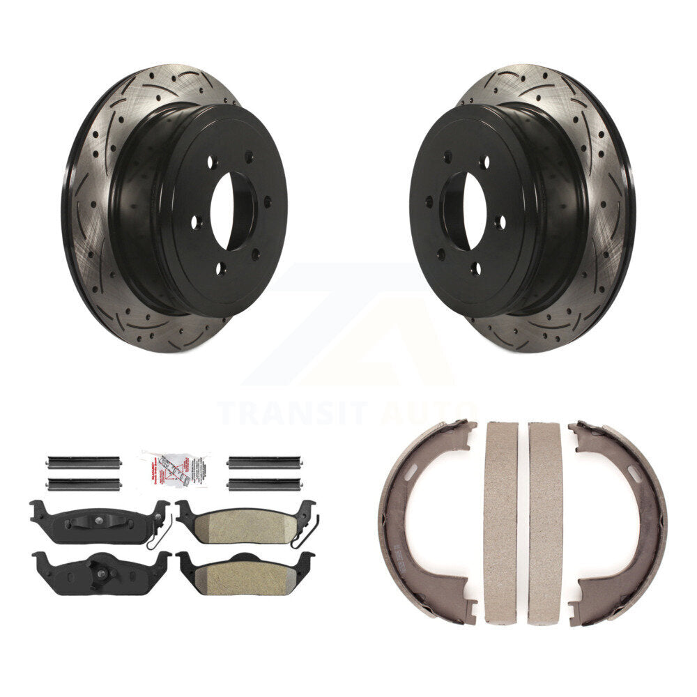 Rear Disc Drilled & Slotted Rotors Semi-Metallic Pads Parking Shoes Kit For Ford F-150 LT KDA-103419
