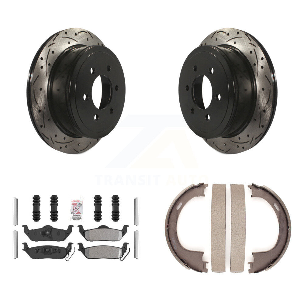 Rear Disc Drilled & Slotted Rotors Semi-Metallic Pads Parking Shoes Kit For Ford F-150 LT KDA-103420