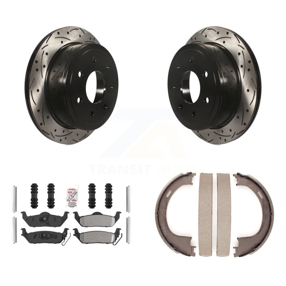 Rear Disc Drilled & Slotted Rotors Semi-Metallic Pads Parking Shoes Kit For Ford F-150 LT KDA-103422